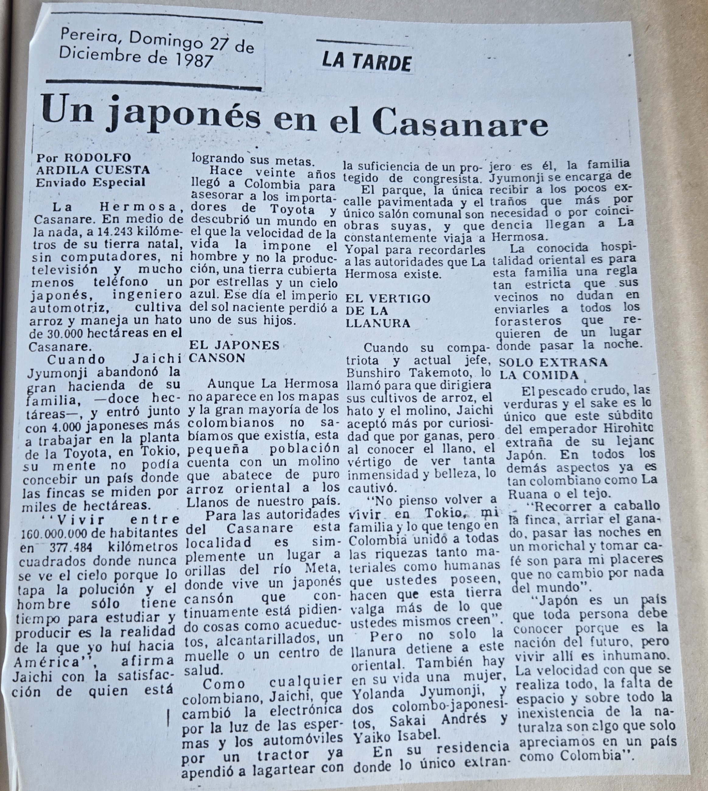 Un japonés en el Casanare - Texto original